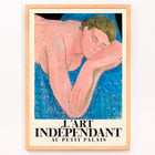 Poster avec Le rêve d'Henri Matisse à l'exposition d'art du Petit Palais Poster représentant une figure allongée aux yeux fermés sur fond bleu par Henri Matisse intitulé Le rêve.