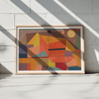 Fröhliche Berglandschaft von Paul Klee in lebendigen abstrakten Farben zeigt eine Bergszene Poster der „Freudigen Berglandschaft“ von Paul Klee mit abstrakten geometrischen Formen in leuchtenden Farben
