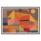 Fröhliche Berglandschaft von Paul Klee in lebendigen abstrakten Farben zeigt eine Bergszene Poster der „Freudigen Berglandschaft“ von Paul Klee mit abstrakten geometrischen Formen in leuchtenden Farben