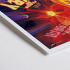 Colorful space-themed illustration featuring vibrant solar flares with planets and stars titled Flares of Fury by NASA Poster of Flares of Fury by NASA featuring a bright red and orange fiery explosion with text and celestial elements in the background.