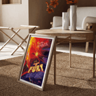 Colorful space-themed illustration featuring vibrant solar flares with planets and stars titled Flares of Fury by NASA Poster of Flares of Fury by NASA featuring a bright red and orange fiery explosion with text and celestial elements in the background.
