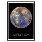 Ilustración de la NASA sobre Mercurio que muestra el planeta Mercurio en colores vivos sobre un fondo negro Póster de Mercurio de la NASA que representa la superficie detallada del planeta sobre un fondo negro con el título Mercurio debajo.