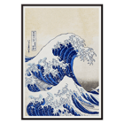 The Great Wave off Kanagawa by Katsushika Hokusai features a dramatic large wave towering over small boats. The Great Wave off Kanagawa poster by Katsushika Hokusai depicting a large wave threatening boats with Mount Fuji in the background.