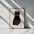 Artwork Black Cat 2 by unknown artist featuring stylized black cat on beige background Poster of a black cat artwork titled Black Cat by Anonymous featuring a bold, minimalist design with a red stamp detail.