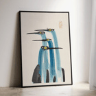 Three blue cranes in watercolor painting by Ohara Koson titled Blue Japanese Crane Watercolor Painting. Poster of three blue cranes painted in watercolor titled Blue Japanese Crane by Anonymous.