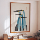 Three blue cranes in watercolor painting by Ohara Koson titled Blue Japanese Crane Watercolor Painting. Poster of three blue cranes painted in watercolor titled Blue Japanese Crane by Anonymous.