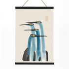 Three blue cranes in watercolor painting by Ohara Koson titled Blue Japanese Crane Watercolor Painting. Poster of three blue cranes painted in watercolor titled Blue Japanese Crane by Anonymous.