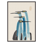 Three blue cranes in watercolor painting by Ohara Koson titled Blue Japanese Crane Watercolor Painting. Poster of three blue cranes painted in watercolor titled Blue Japanese Crane by Anonymous.
