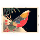 Colorful bird perched in snow artwork by Ito Jakuchu titled Golden Pheasant in the Snow Poster of artwork Golden Pheasant in the Snow by Ito Jakuchu featuring a colorful pheasant against a dark background with snow.