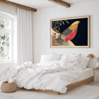 Colorful bird perched in snow artwork by Ito Jakuchu titled Golden Pheasant in the Snow Poster of artwork Golden Pheasant in the Snow by Ito Jakuchu featuring a colorful pheasant against a dark background with snow.