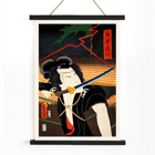 Samurai warrior holding a sword in traditional Japanese artwork Often Playing Roles by Toyohara Kunichika Poster of a samurai with a sword in traditional attire Often Playing Roles by Toyohara Kunichika with dramatic background elements