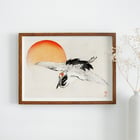 Flying crane in front of an orange sun by Kōno Bairei Poster of a crane flying with a red sun in the background titled Flying crane by Kōno Bairei.