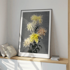 Hand-colored floral collotype Nami-chi-dori by Kazumasa Ogawa depicting chrysanthemums in soft shades. Poster of vibrant chrysanthemums from Nami–chi–dori by Kazumasa Ogawa showing hand–colored floral artwork.