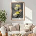 Hand-colored floral collotype Nami-chi-dori by Kazumasa Ogawa depicting chrysanthemums in soft shades. Poster of vibrant chrysanthemums from Nami–chi–dori by Kazumasa Ogawa showing hand–colored floral artwork.