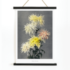Hand-colored floral collotype Nami-chi-dori by Kazumasa Ogawa depicting chrysanthemums in soft shades. Poster of vibrant chrysanthemums from Nami–chi–dori by Kazumasa Ogawa showing hand–colored floral artwork.