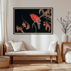 Red Parrot on the Branch of a Tree by Ito Jakuchu showcasing intricate details and vibrant colors. Poster of a vibrant red parrot perched on a tree branch from the artwork Red Parrot on the Branch of a Tree by Ito Jakuchu