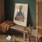 Illustration von Vishnu von Jean-Jacques Chabrélie mit dem Titel Vishnou L'Inde française Poster von Vishnou in traditioneller Kleidung auf einem Schlangenthron sitzend von Jean-Jacques Chabrélie aus dem Kunstwerk Vishnou L'Inde française.