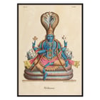 Illustration von Vishnu von Jean-Jacques Chabrélie mit dem Titel Vishnou L'Inde française Poster von Vishnou in traditioneller Kleidung auf einem Schlangenthron sitzend von Jean-Jacques Chabrélie aus dem Kunstwerk Vishnou L'Inde française.