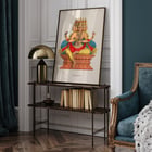 Depiction of Brahma sitting on a throne in traditional attire by Jean-Jacques Chabrélie titled Brahma L'Inde française Poster of Brahma with multiple heads and arms seated on an ornate platform by Jean-Jacques Chabrélie titled Brahma L'Inde française