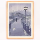 Illustration of a rainy evening at Shinobazu pond by Kasamatsu Shirô showing a person with an umbrella walking near a lamppost. Poster of a serene evening scene with a lone figure by Shinobazu pond Artist Kasamatsu Shirô Artwork Evening rain