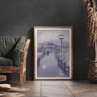 Illustration of a rainy evening at Shinobazu pond by Kasamatsu Shirô showing a person with an umbrella walking near a lamppost. Poster of a serene evening scene with a lone figure by Shinobazu pond Artist Kasamatsu Shirô Artwork Evening rain