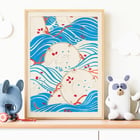 Korin Furuya's Bijutsukai Pl 175 vibrant abstract waves and circles artwork. Poster featuring abstract blue waves and floral patterns titled Bijutsukai Pl by artist Korin Furuya.