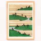 Landscape illustration by Watanabe Seitei depicting green hills and striped fields Poster of a landscape illustration by Watanabe Seitei depicting green hills with trees against a background of horizontal stripes.