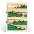 Landscape illustration by Watanabe Seitei depicting green hills and striped fields Poster of a landscape illustration by Watanabe Seitei depicting green hills with trees against a background of horizontal stripes.