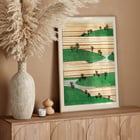 Landscape illustration by Watanabe Seitei depicting green hills and striped fields Poster of a landscape illustration by Watanabe Seitei depicting green hills with trees against a background of horizontal stripes.