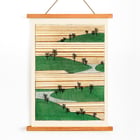 Landscape illustration by Watanabe Seitei depicting green hills and striped fields Poster of a landscape illustration by Watanabe Seitei depicting green hills with trees against a background of horizontal stripes.