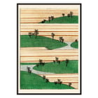 Landscape illustration by Watanabe Seitei depicting green hills and striped fields Poster of a landscape illustration by Watanabe Seitei depicting green hills with trees against a background of horizontal stripes.