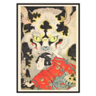 Azuma nishikie Pl.46 de l'artiste présente une personne en tenue traditionnelle avec une créature mythique en arrière-plan Poster intitulé Azuma nishikie Pl.46 mettant en scène un tigre aux yeux perçants derrière une silhouette en kimono rouge à motifs floraux