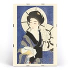 After visiting the bathhouse by Kotondo Torii woman in kimono holding a towel with an umbrella background Poster of a woman in traditional Japanese attire holding a towel in Bathhouse by Kotondo Torii with a blue background and umbrella.