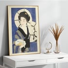 After visiting the bathhouse by Kotondo Torii woman in kimono holding a towel with an umbrella background Poster of a woman in traditional Japanese attire holding a towel in Bathhouse by Kotondo Torii with a blue background and umbrella.