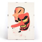 Colorful depiction of traditional Japanese masks by Kawasaki Kyosen in Kyosen’s Collected Illustrations of Japanese Toys Pl.027 Poster featuring two traditional Japanese comic masks by Kawasaki Kyosen titled Kyosen’s Collected Illustrations of Japanese Toys Pl.027.