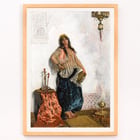 Cesare Biseo artwork Oriental dancer painting featuring a woman in traditional attire with a hookah and ornate backdrop Poster of Oriental Dancer by Cesare Biseo depicting a woman in traditional attire standing next to a table with a hookah and a lamp.