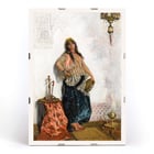 Cesare Biseo artwork Oriental dancer painting featuring a woman in traditional attire with a hookah and ornate backdrop Poster of Oriental Dancer by Cesare Biseo depicting a woman in traditional attire standing next to a table with a hookah and a lamp.