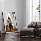 Cesare Biseo artwork Oriental dancer painting featuring a woman in traditional attire with a hookah and ornate backdrop Poster of Oriental Dancer by Cesare Biseo depicting a woman in traditional attire standing next to a table with a hookah and a lamp.