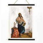 Cesare Biseo artwork Oriental dancer painting featuring a woman in traditional attire with a hookah and ornate backdrop Poster of Oriental Dancer by Cesare Biseo depicting a woman in traditional attire standing next to a table with a hookah and a lamp.