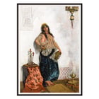 Cesare Biseo artwork Oriental dancer painting featuring a woman in traditional attire with a hookah and ornate backdrop Poster of Oriental Dancer by Cesare Biseo depicting a woman in traditional attire standing next to a table with a hookah and a lamp.