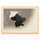 Snowy scene with silhouette by Kamisaka Sekka in Tomoe no yuki Poster of Tomoe no yuki by Kamisaka Sekka depicting a figure in dark attire under heavy snowfall with a white hat and walking stick