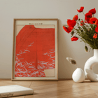 Seikō Ueno artwork Yachigusa v. 15 Pl.23 featuring white birds on red background. Poster of Yachigusa v. 15, Pl. 23 by Seikō Ueno depicting white birds flying against a vibrant red background.
