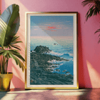Seascape at dawn by Kawase Hasui Morning at Cape Inubō Poster of a coastal scene with waves crashing on rocky shore at sunrise titled Morning at Cape Inubo by Kawase Hasui.