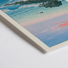 Seascape at dawn by Kawase Hasui Morning at Cape Inubō Poster of a coastal scene with waves crashing on rocky shore at sunrise titled Morning at Cape Inubo by Kawase Hasui.