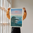 Seascape at dawn by Kawase Hasui Morning at Cape Inubō Poster of a coastal scene with waves crashing on rocky shore at sunrise titled Morning at Cape Inubo by Kawase Hasui.
