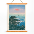 Seascape at dawn by Kawase Hasui Morning at Cape Inubō Poster of a coastal scene with waves crashing on rocky shore at sunrise titled Morning at Cape Inubo by Kawase Hasui.