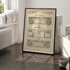 Portable combined cassette player technical drawing by Sujanani United States Patent Poster showing illustrations of a portable combined cassette player Patent by Sujanani with detailed technical drawings.