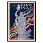 Exposition Internationale Arts et Techniques von Leonetto Cappiello, lebendiges Poster mit zwei Figuren und buntem Hintergrund. Poster von Leonetto Cappiello mit zwei Figuren mit bunten Wellen und Text Paris Arts et Techniques Exposition Internationale