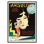 Poster artwork for Halvblod by Eric Rohman Where East is East featuring Lupe Velez Estelle Taylor and Lon Chaney Poster for film with Lupe Velez playing a string instrument and an illustration by Eric Rohman for Where East is East.