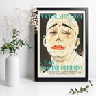 Vintage movie poster of He Who Gets Slapped by Eric Rohman featuring a clown face with red makeup. Poster of He Who Gets Slapped by Eric Rohman featuring a sad clown face with dramatic makeup and bold text in Swedish.